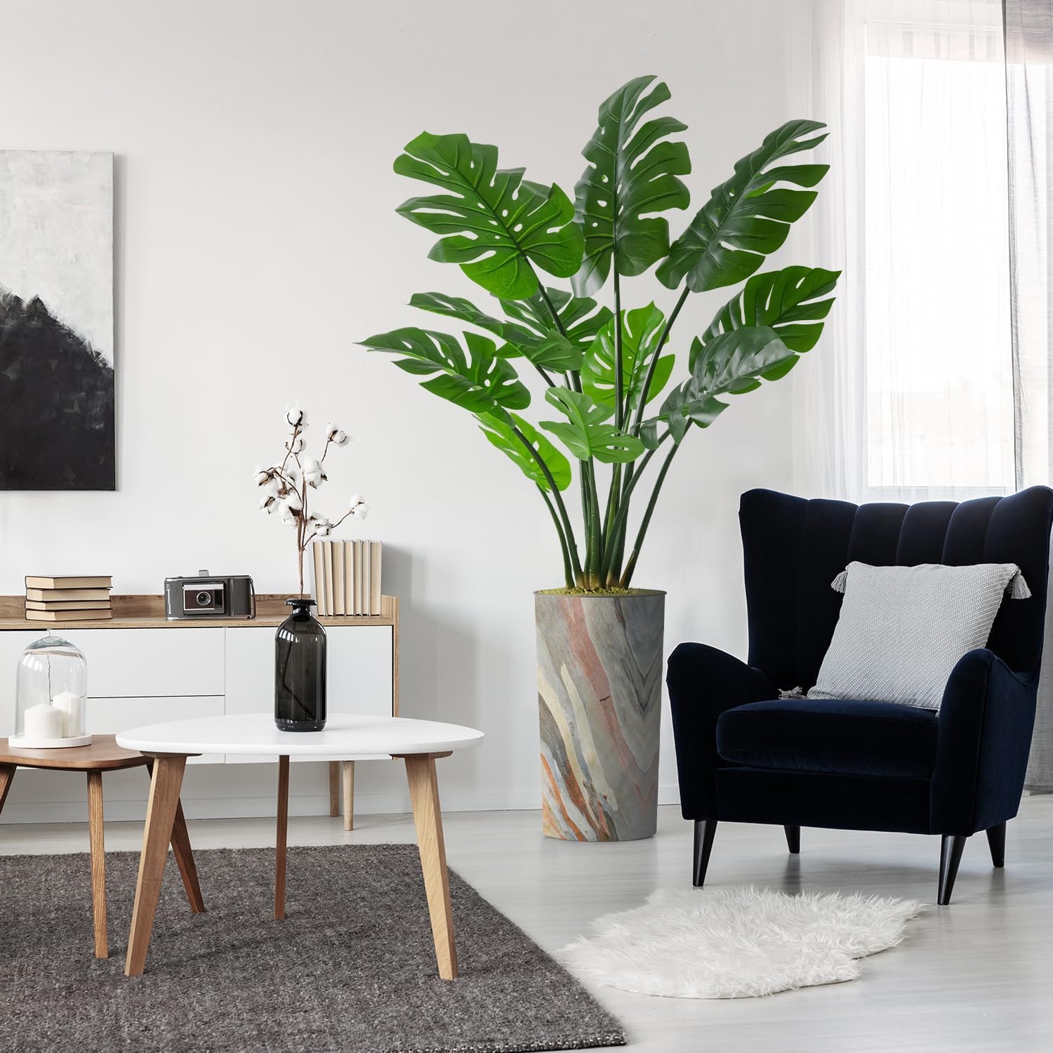 Artificial Tree in Modern Contemporary Planter, Fake Monstera Silk
