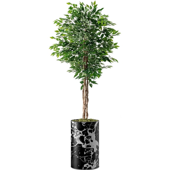 Artificial Tree in Modern Marble Effect Planter, Fake Ficus Silk Tree for Indoor and Outdoor Home Decoration - 66" Overall Tall (Plant Pot Plus Tree)