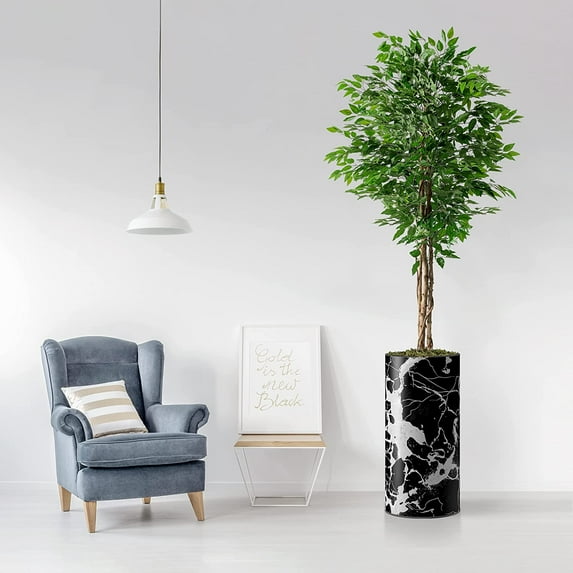 Artificial Tree in Modern Marble Effect Planter, Fake Ficus Silk Tree for Indoor and Outdoor Home Decoration - 75" Overall Tall (Plant Pot Plus Tree)
