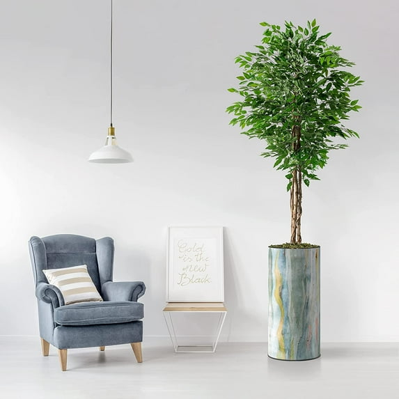 Artificial Tree in Modern Planter, Fake Ficus Silk Tree for Indoor and Outdoor Home Decoration - 75" Overall Tall (Plant Pot Plus Tree)