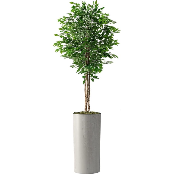 Artificial Tree in Modern Swirl Pattern Planter, Fake Ficus Silk Tree for Indoor and Outdoor Home Decoration - 75" Overall Tall (Plant Pot Plus Tree)