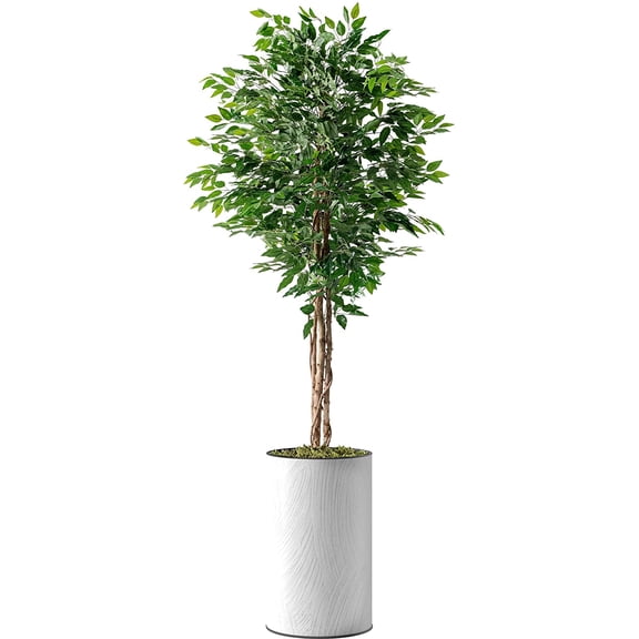 Artificial Tree in White Marble Effect Planter, Fake Ficus Silk Tree for Indoor and Outdoor Home Decoration - 66" Overall Tall (Plant Pot Plus Tree)