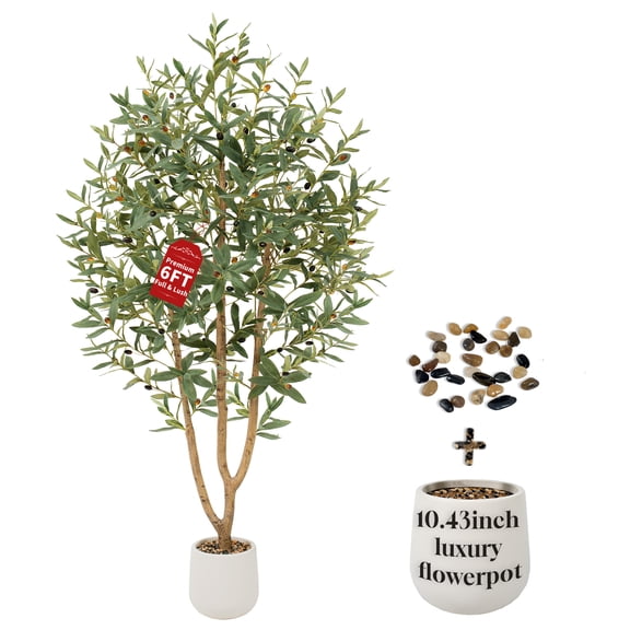 6FT Olive Trees Artificial, Large Faux Olive Tree with White Tall Planter, Faux Tree Indoor with Lush Lifelike Fruits for Living Room Bedroom Balcony Corner Office Home Decor