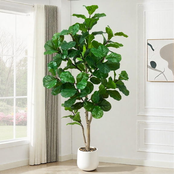 Faux Fiddle Leaf Fig Tree 7ft Tall Indoor Fake Tree in White Pot with 113 Leaves Artificial Ficus Lyrata House Plant for Indoor Home Office Bedroom Living Room Decor Perfect Housewarming Gift