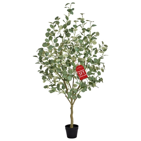 Faux Eucalyptus Tree 5FT, Artificial Potted Tree for Indoor Outdoor, Fake Floor Plants with Natural Wood Trunk, Home Office Living Room Bedroom Decor