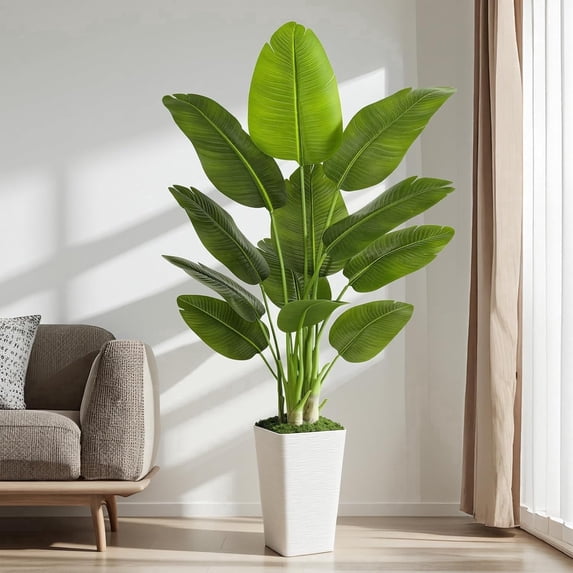 Realistic 5ft Artificial Bird of Paradise Plant, Synthetic Banana Leaf Tree with Textured Wavy White Pot for Home Decor, Perfect Silk Floor Plant