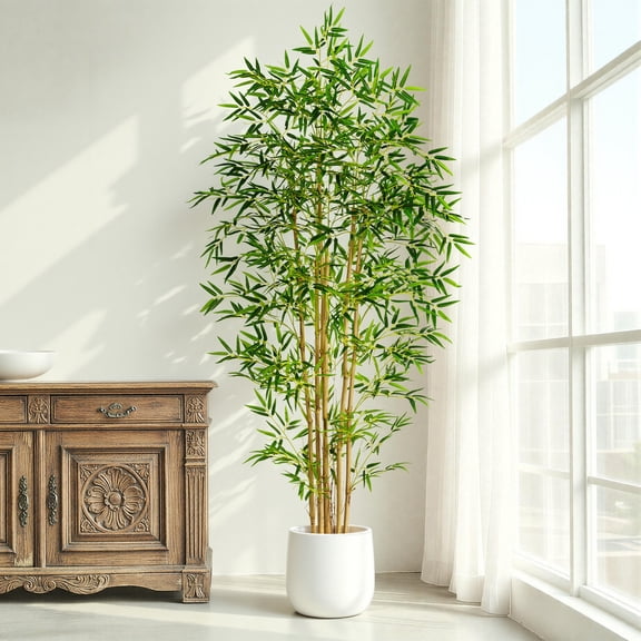 Artificial Bamboo Tree, Fake Bamboo Plant 6FT Tall with 6 Natural Real Bamboo Trunks, Artificial Tree Indoor Decor Faux Silk Tree for Home Office Living Room Modern Decor