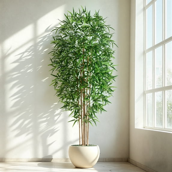 Artificial Bamboo Tree, Fake Bamboo Plant 7FT Tall with 6 Natural Real Bamboo Trunks, Artificial Tree Indoor Decor Faux Silk Tree for Home Office Living Room Modern Decor