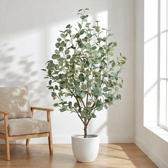 Faux Eucalyptus Tree 5FT, Artificial Potted Tree for Indoor Outdoor, Fake Floor Plants with Natural Wood Trunk, Home Office Living Room Bedroom Decor