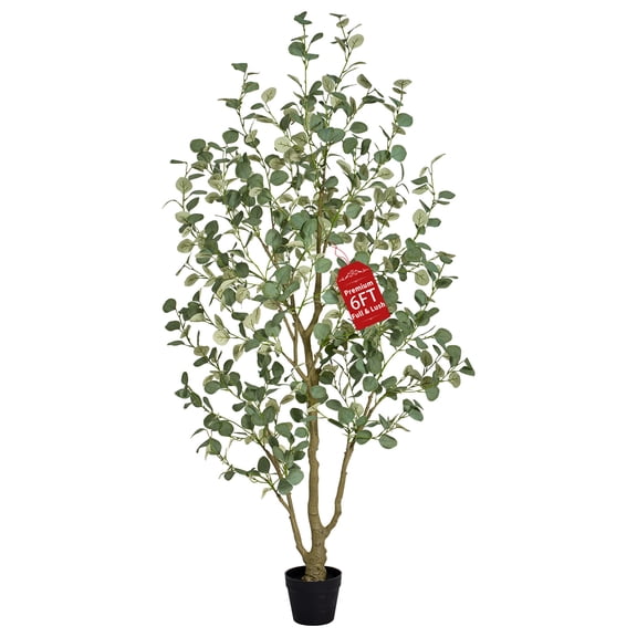 Faux Eucalyptus Tree 6FT, Artificial Potted Tree for Indoor Outdoor, Fake Floor Plants with Natural Wood Trunk, Home Office Living Room Bedroom Decor