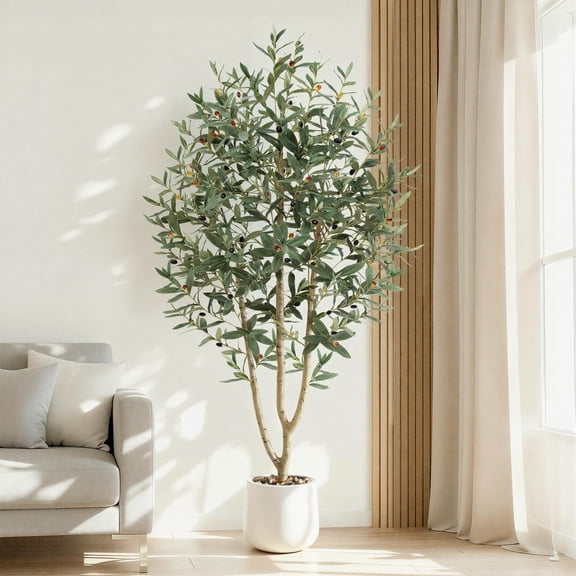 6FT Olive Trees Artificial, Large Faux Olive Tree with White Tall Planter, Faux Tree Indoor with Lush Lifelike Fruits for Living Room Bedroom Balcony Corner Office Home Decor