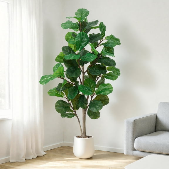 Faux Fiddle Leaf Fig Tree 5ft Tall Indoor Fake Tree in White Pot with 70 Leaves Artificial Ficus Lyrata House Plant for Indoor Home Office Bedroom Living Room Decor Perfect Housewarming Gift