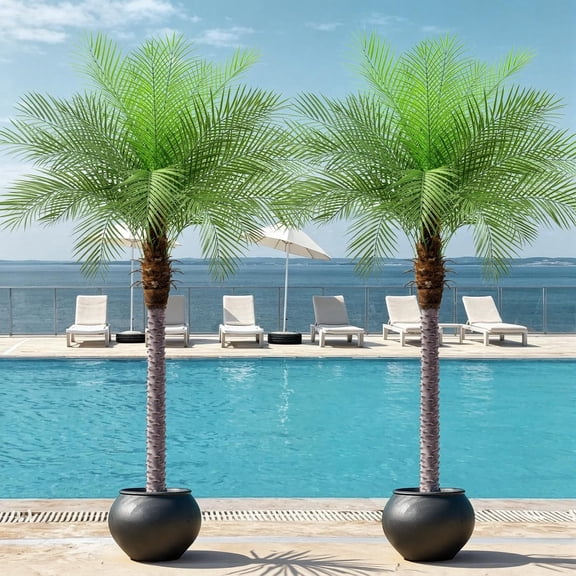 8ft Artificial Phoenix Palm Tree, Faux Coconut Silk Tropical Fake Palm Plant for Indoor Outdoor Home Office Patio Bathroom Pool Coastal Decor(Set of 2)