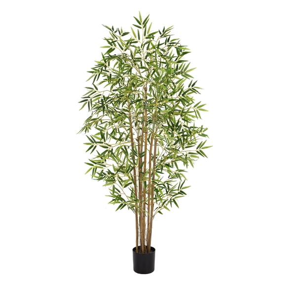 5ft Artificial Bamboo Tree Indoor - Tall Faux Bamboo Plant with Natural Wood Trunk in Designer Pot with Wood Chips - Fake Plant for Home Office & Living Room