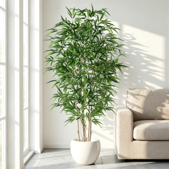 5ft Artificial Bamboo Tree Indoor - Tall Faux Bamboo Plant with Natural Wood Trunk in Designer Pot with Wood Chips - Fake Plant for Home Office & Living Room