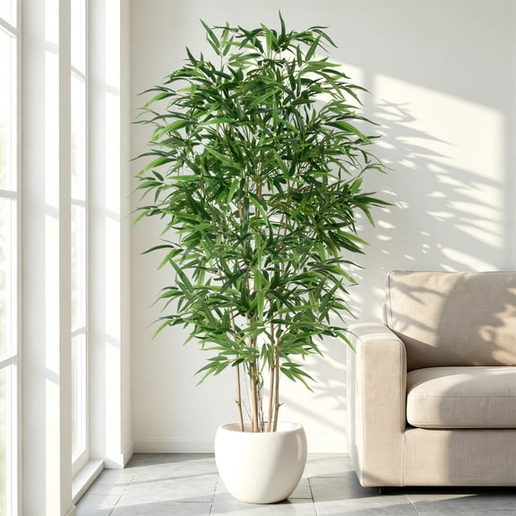 5ft Artificial Bamboo Tree Indoor - Tall Faux Bamboo Plant with Natural Wood Trunk in Designer Pot with Wood Chips - Fake Plant for Home Office & Living Room
