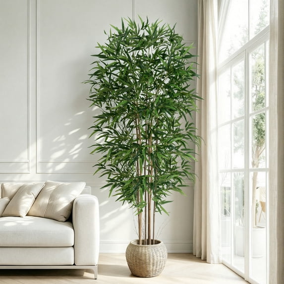 Artificial Bamboo Tree, Fake Bamboo Plant 6FT Tall with 6 Natural Real Bamboo Trunks, Artificial Tree Indoor Decor Faux Silk Tree for Home Office Living Room Modern Decor