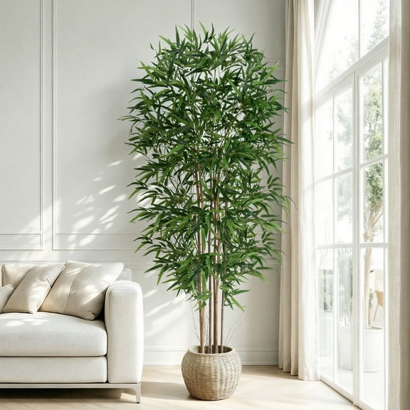 Artificial Bamboo Tree, Fake Bamboo Plant 6FT Tall with 6 Natural Real Bamboo Trunks, Artificial Tree Indoor Decor Faux Silk Tree for Home Office Living Room Modern Decor