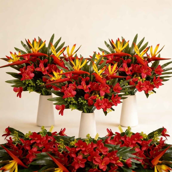 Artificial Tropical Flower Bouquets Bulk for Centerpieces Bird of Paradise Lily Bouquet Permanent Flower Tropical Plant for Party Office Home Decor in Rose Red