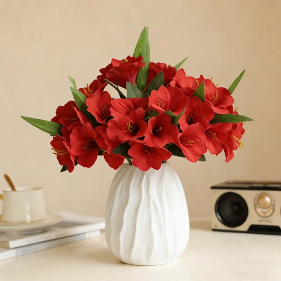Artificial Trumpet Flower Stems 6 Head Faux Floral Arrangement for Home Office Wedding Table Vase Decor, Fabric Blooms 19.29 Inch Pink White Red Orange