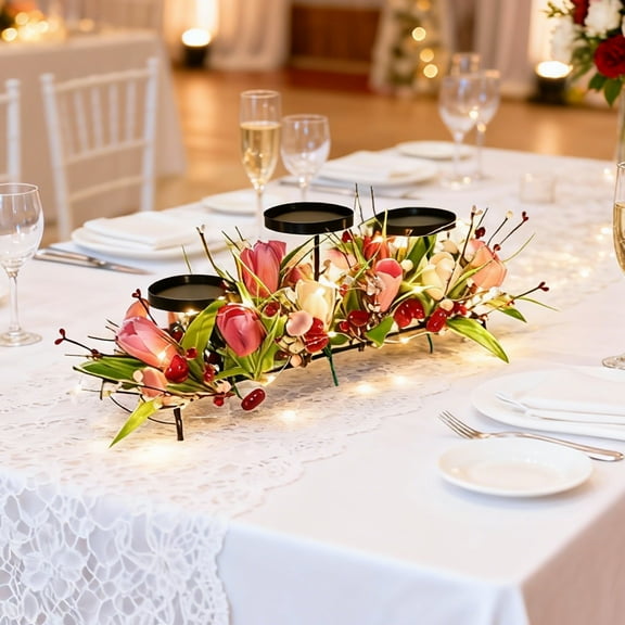 Artificial Tulip Dining Table Candle Holder Flower Decor With 39.4Inch Led Light - Wedding Party Dining Table Centerpiece Decoration For Valentine's Day - Romantic Event Home