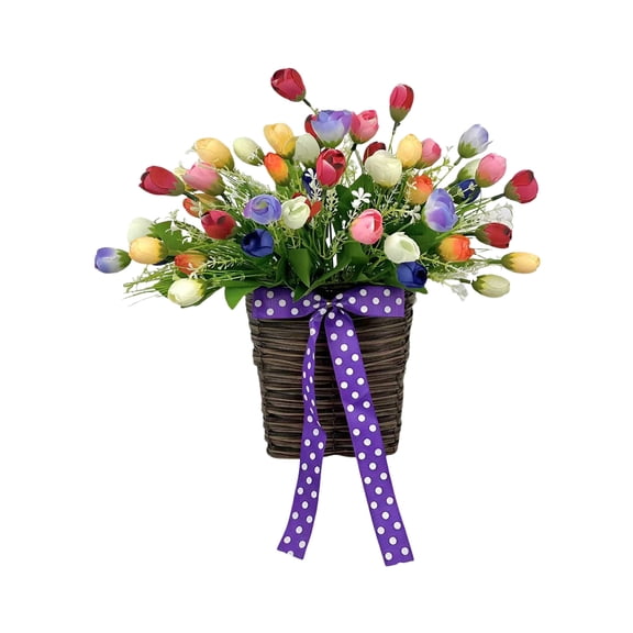 Artificial Tulip Flower Basket Arrangement, Lifelike Faux Tulip Bouquet in a Decorative Basket for Year-Round Home Decor, Centerpiece for Living Room, Dining Table, and Mantel
