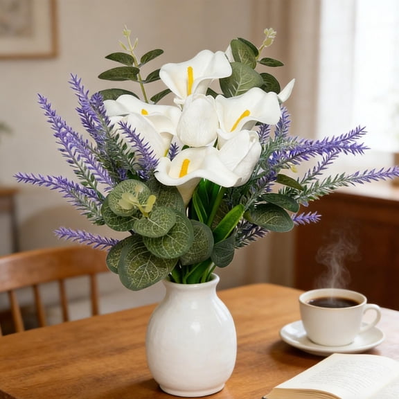 Artificial Tulip Flower Bouquet, Realistic Green Leaves and Buds Home Wedding Decoration, Durable Floral Arrangement Bundle for Office Living Room Table Display