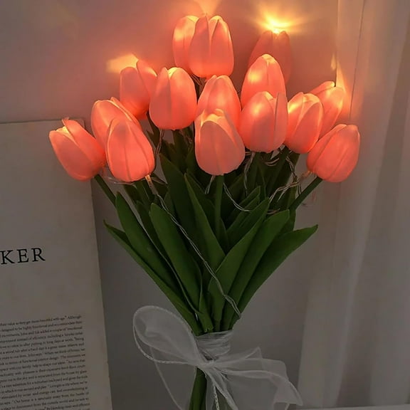 Artificial Tulip Flowers LED Lights Fake Tulips Bouquet Battery Powered Real Touch Led Night Light for Home Office Table Centerpiece Wedding