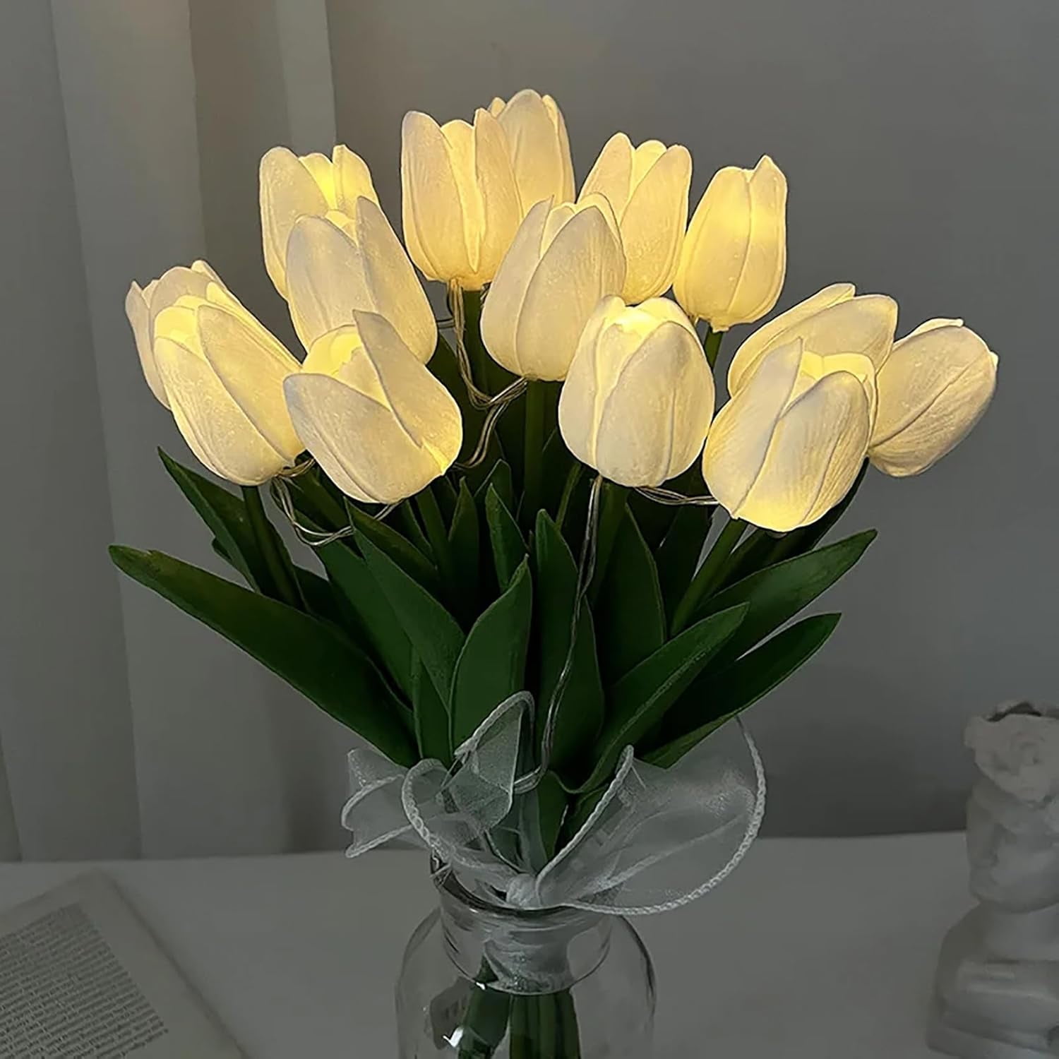Artificial Tulip Flowers LED Lights Fake Tulips Bouquet Battery Powered Real Touch Led Night Light for Home Office Table Centerpiece Wedding