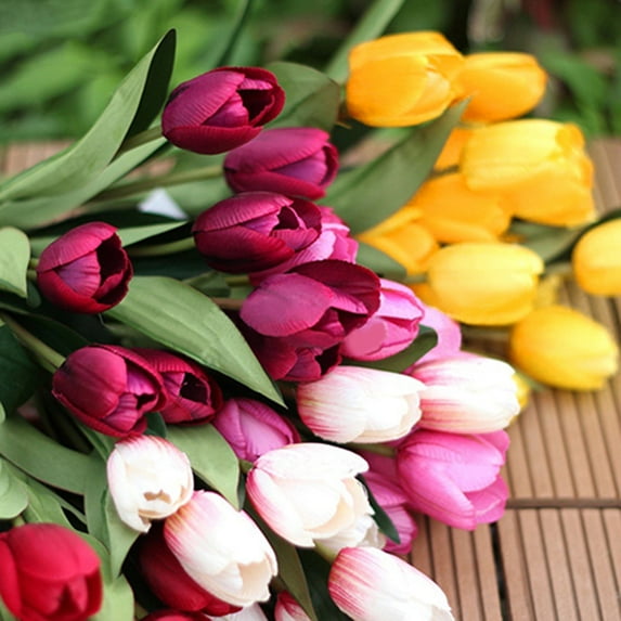 Artificial Tulip Flowers,Multicolor Real Touch Feeling Tulips,Fake Tulip Bouquet for Wedding Studio Party Office Decor,Pink