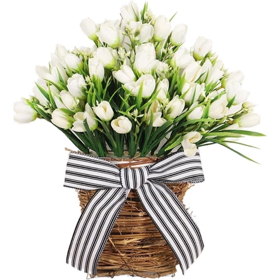 XEAZON Artificial Tulip Hanging Basket,15.8in White Tulip Wreath, Artificial Tulips Door Wreaths, Outdoor Artificial Flower Wreath for Front Door, Wedding, Patio, Wall, Garden, Home Decoration