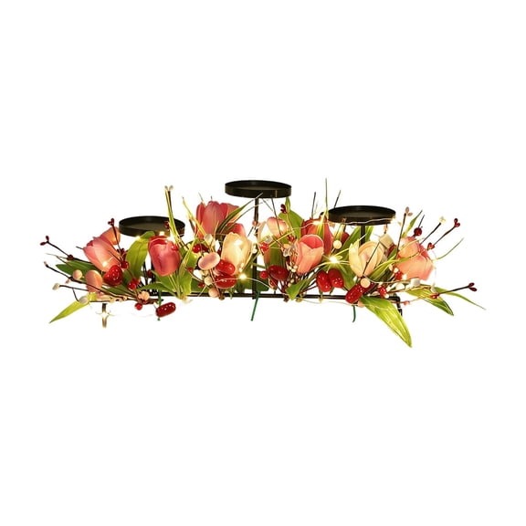 Artificial Tulip Table Centerpiece with 3-Candle Holders & Dimmable LED Lights – Spring/Summer Wedding Party Decor, Valentine’s Day Dining Table Candlestick Flower Arrangement