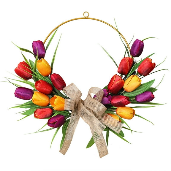 Artificial Tulip Wreath, 16 Inch Rattan Tulip Half Circle Wreath, Spring Front Door Tulip Garland with Silk Flower for Home Decor, Multicolor #1