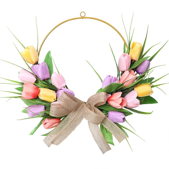 Artificial Tulip Wreath, 16 Inch Rattan Tulip Half Circle Wreath, Spring Front Door Tulip Garland with Silk Flower for Home Decor, Multicolor #2