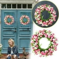 thumbnail image 1 of Artificial Tulip Wreath with Green Leaves for Front Door, 16 Inch Spring Pink Tulip Flower Wreath for All Seasons Window Wall Wedding Valentines Day Decorations Indoor Outdoor, 1 of 6