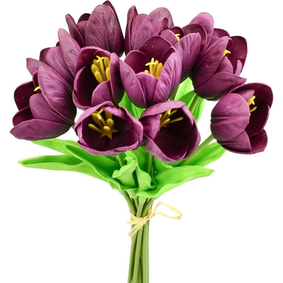 Artificial Tulips 12 Stems Grape Purple Partially Open PU Faux Flowers for Year and Valentine's Day Wedding Home Decor 13.5 Inch