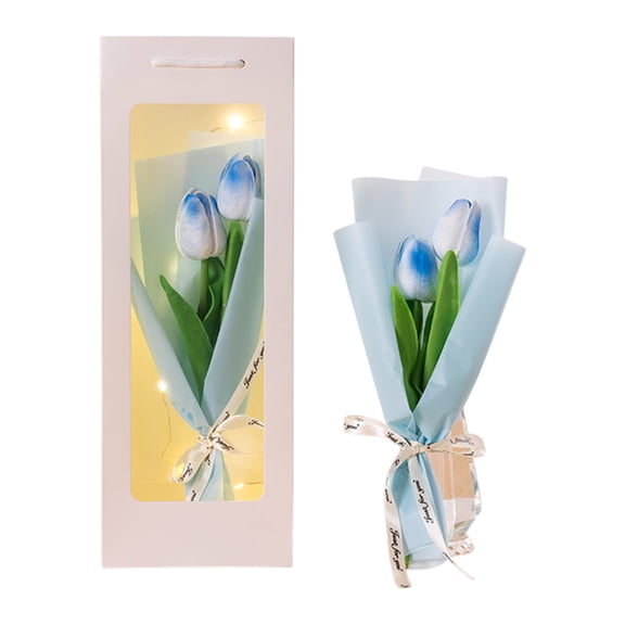 Artificial Tulips 14.1" PVC Preserved Tulips Bouquet Gift Box Lighted Eternal Faux Bouquet of Floral for Spring Home Kitchen Wedding Mother's Anniversary Birthday