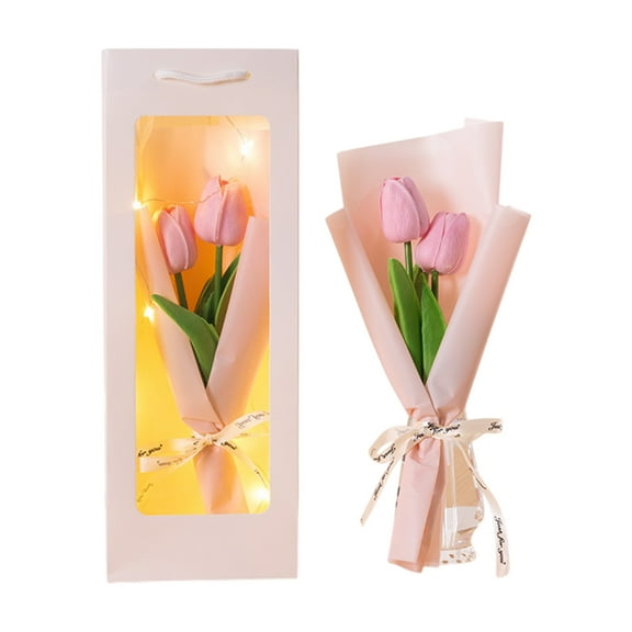 Artificial Tulips 14.1" PVC Preserved Tulips Bouquet Gift Box Lighted Eternal Faux Bouquet of Floral for Spring Home Kitchen Wedding Mother's Anniversary Birthday