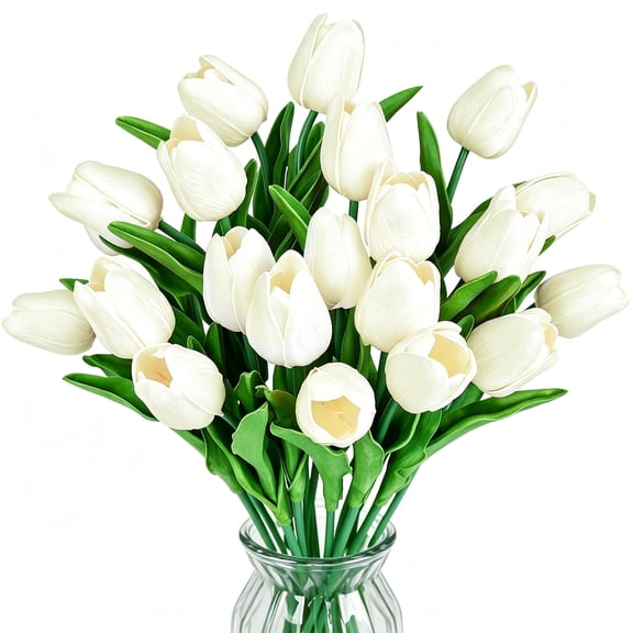 Artificial Tulips 20 Stems, Real Touch PU Faux Flowers, 13 Inch White Bouquet for Wedding Home Decor Kitchen Table Vase Centerpieces Easter Valentine’s Day Gift