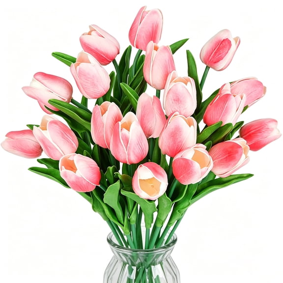 Artificial Tulips 20 Stems Real Touch PU Faux Flowers Gradient Pink Bouquet for Wedding Home Decor Kitchen Table Vase Centerpieces Spring Easter Valentine’s Day Gift 13 Inch
