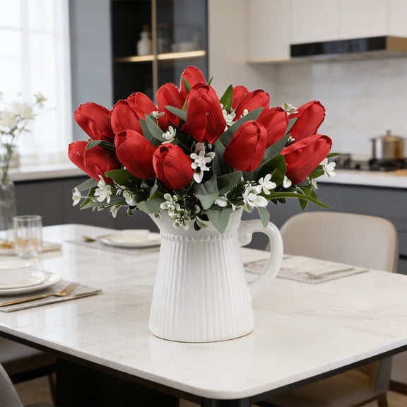 Artificial Tulips Flowers Centerpiece, 12" Lifelike Fake Floral Stems for Kitchen Island & Dining Table, Spring Decor