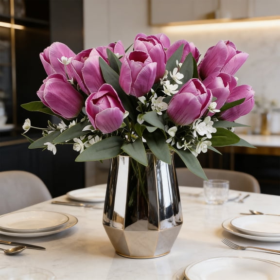 Artificial Tulips Flowers Centerpiece, 12" Lifelike Fake Floral Stems for Kitchen Island & Dining Table, Spring Decor