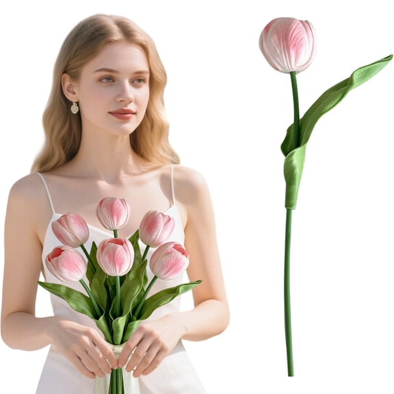 Artificial Tulips that Look Real Tulip Petal Bouquet Natural Tulip Artificial Flowers Fake Flowers Outdoor Tulip Bouquet Large Headed Tulip Artificial Flower Pink 13 Inch (10Pcs)