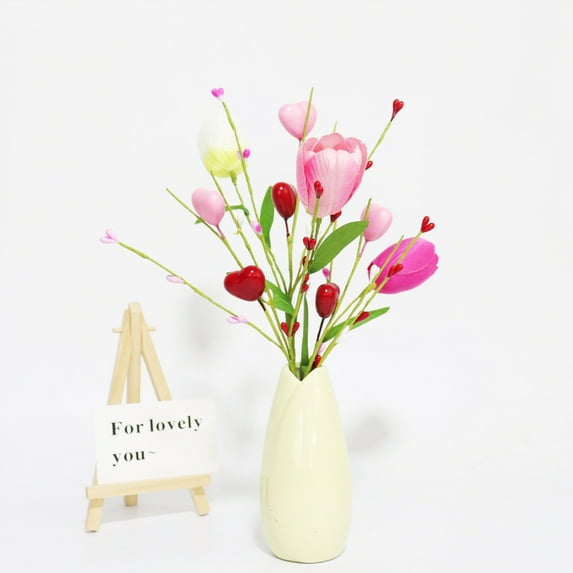 Artificial Tulips Picks 14.5 Inches,Pink Heart Tulips Decorations with Red Pink Berries,Sweety Pink Berry Stems Branches for Mother's Day Valentines Day Wedding Party Christmas Anniversary Decor