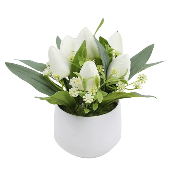 Artificial Tulips Potted Plants - Plastic Miniature Bonsai for Indoor Decor, Low-Maintenance Desktop Greenery, Ideal for Home & Office Accents,White