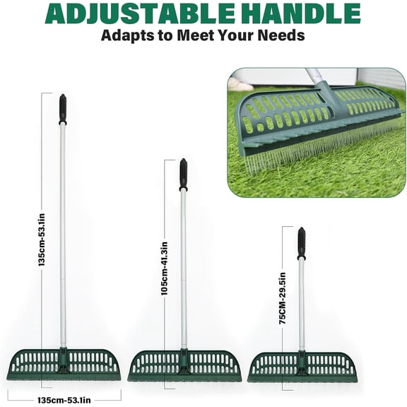 Artificial Turf Rake, 2 in 1 Turf Rake with Adjustable Steel Handle, 30" to 53" Long, 17.9 inch Wide for Artificial Grass and Lawn Leaf Removal, Carpet Rakes, Pet Hair Removal