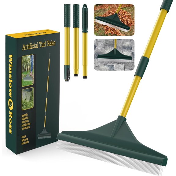 Artificial Turf Rake with Steel Telescopic Handle, 32 to 55 Inch 3 Piece-Pole Easy Storage Design, Garden Hand Boom Rake for Artificial Grass, Carpet Pet Hair, Lawn Leaves and Debris Remove, Yellow