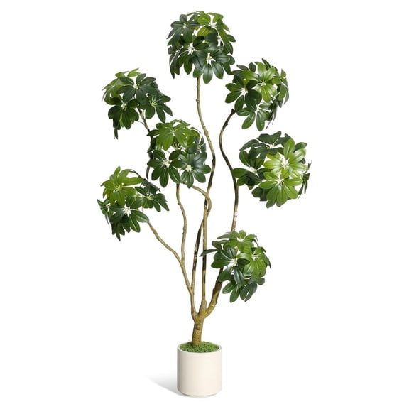 Artificial Umbrella Tree 5/6/7ft Tall, Faux Schefflera Plant with Multiple Trunks in Decorative White Planter, Realistic Fake Floor Tree for Home Office, Living Room, Porch Decor