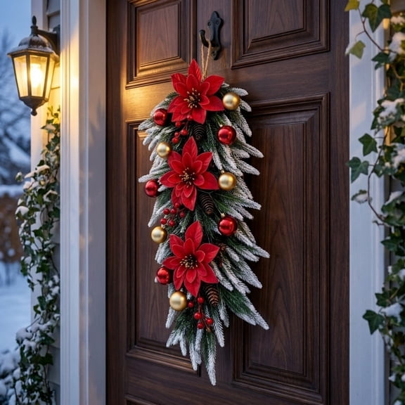 Artificial Upside Down Christmas Tree Door Hanger, Snow Flocked Pine Branch with Poinsettia and Baubles, Upside Down Tree Hanger for Front Door Window Wall Holiday Decoration