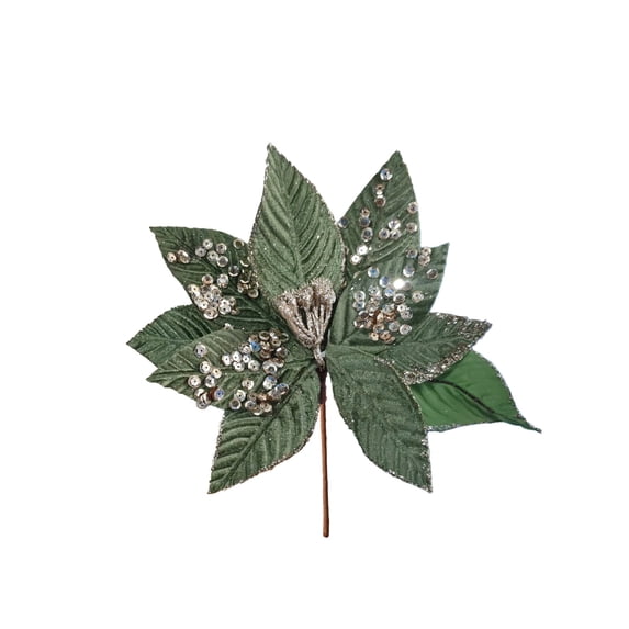 Artificial Velvet Poinsettia Christmas Flower with Sequin for Tree Decor and Wreath 12 Inch Green